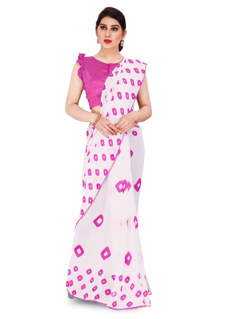 KALINI White & Pink Bandhani Poly Georgette Saree