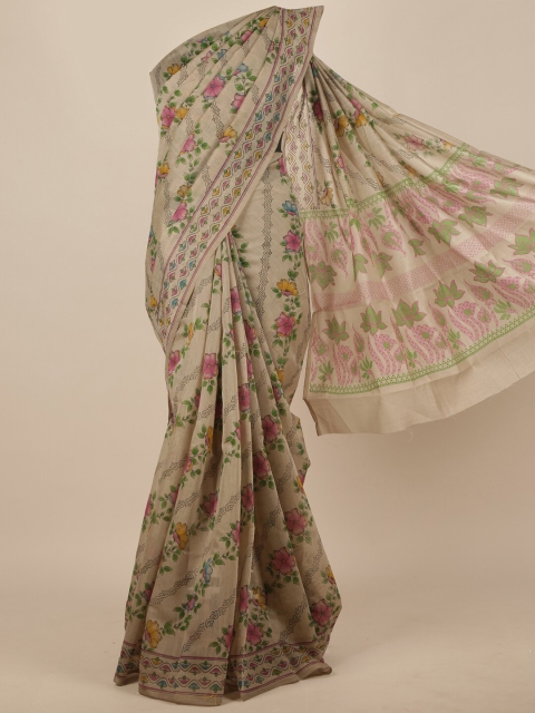 Pothys Grey & Pink Floral Cotton Blend Saree