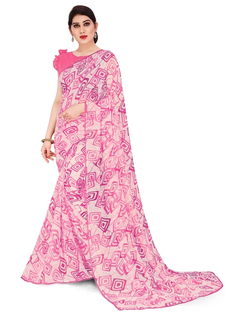 KALINI Pink & White Ethnic Motifs Cotton Blend Saree