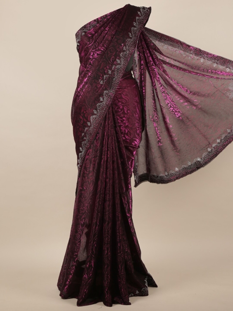Pothys Burgundy & Silver-Toned Floral Jute Silk Saree