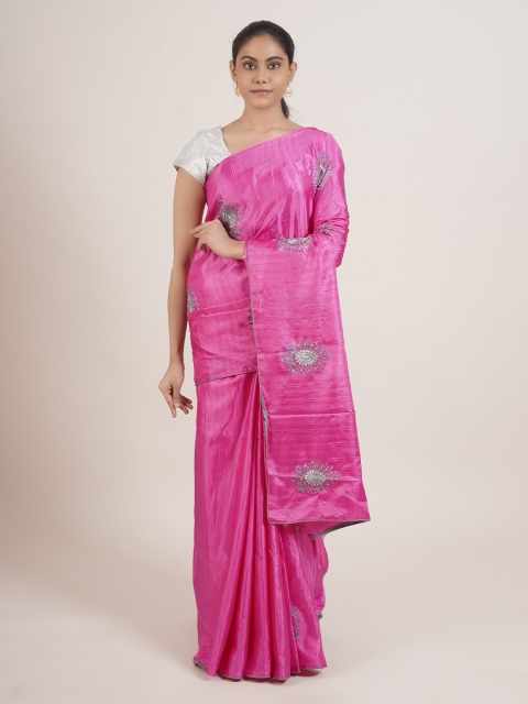 Pothys Pink & Grey Ethnic Motifs Embroidered Art Silk Saree