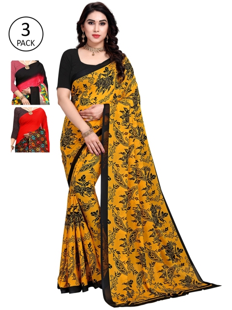 KALINI Women Pack of 3 Poly Georgette Multi Printed Saree, Red