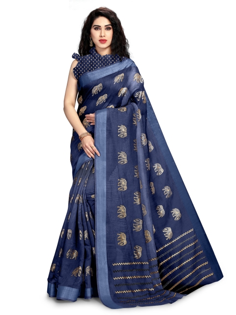 KALINI Navy Blue Ethnic Motifs Zari Polycotton Saree