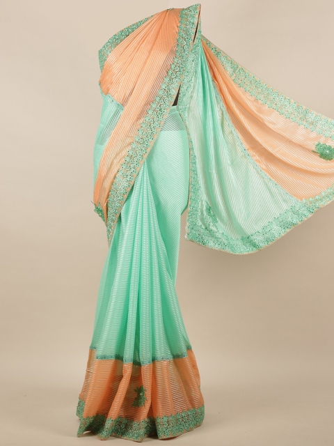 Pothys Green & Peach-Coloured Striped Poly Chiffon Saree