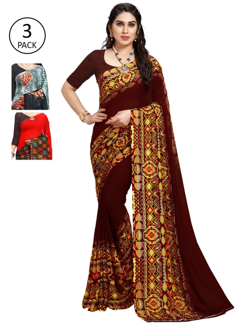 KALINI Red & Blue Pack of 3 Printed Sarees