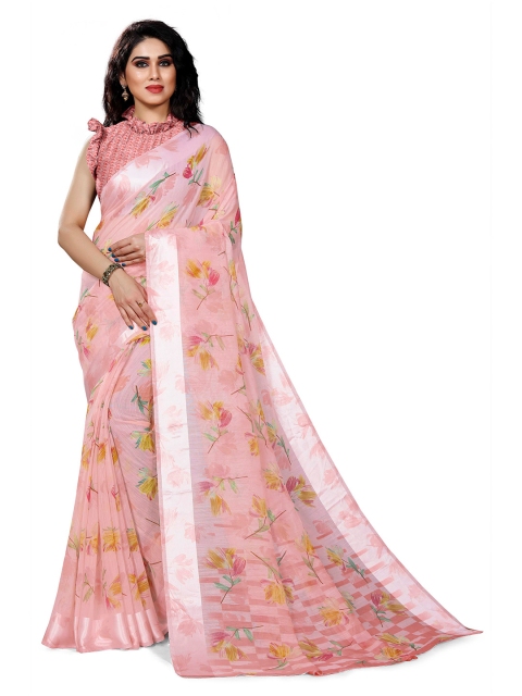KALINI Women Pink & Yellow Floral Printed Saree