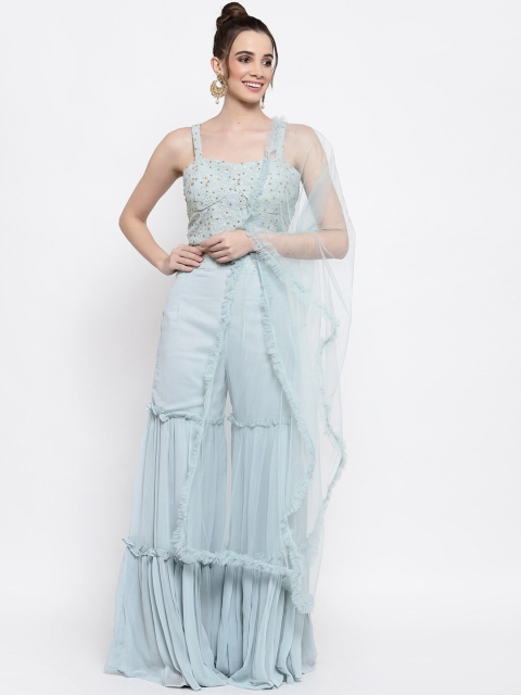 KHALOM Women Blue Embellished Crop Top With Gharara & Dupatta