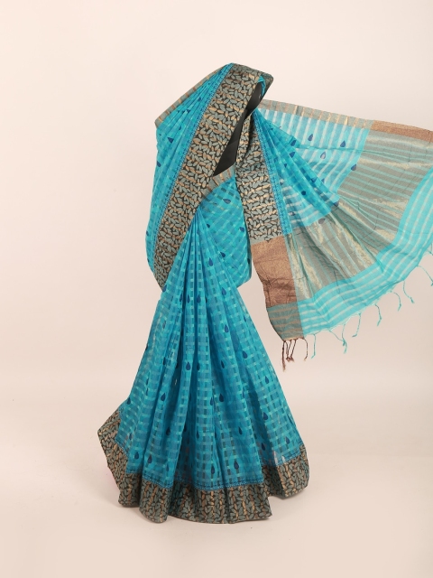 Pothys Blue & Black Striped Printed Zari border Saree