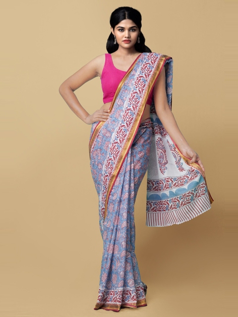 Unnati Silks Blue & White Ethnic Motifs Pure Cotton Block Print Saree