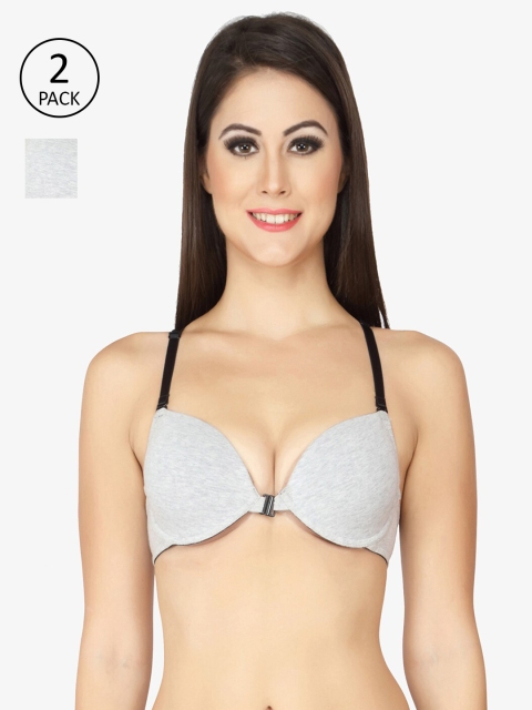 Soie Pack of 2 Grey Front Open Underwired Lightly Padded Push-Up Bra COMBO CB-111, Grey melange