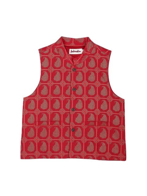 Fabindia Boys Red & Beige Paisley Patterned Nehru Jacket