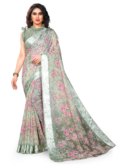 KALINI Green & Pink Floral Bagh Saree