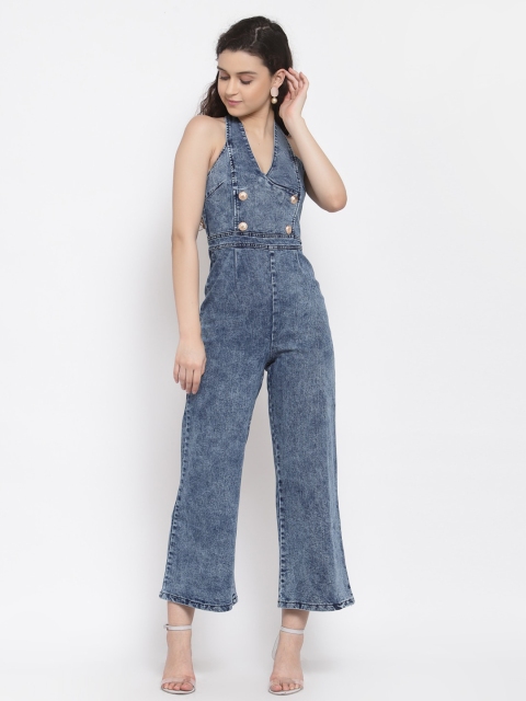 iki chic Blue Solid Halter Neck High Waist Denim Jumpsuit