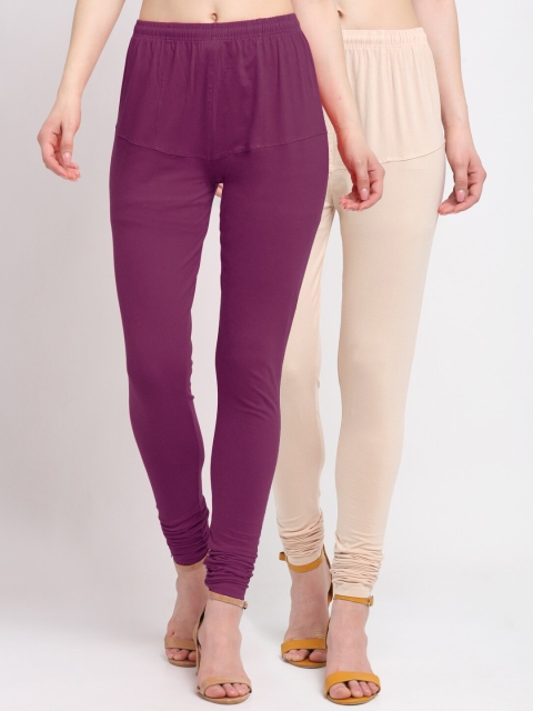 KLOTTHE Women Pack of 2 Solid Cotton Churidar-Length Leggings, Purple
