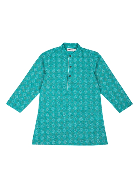 Fabindia Boys Sea Green & White Ethnic Motifs Print Cotton Kurta