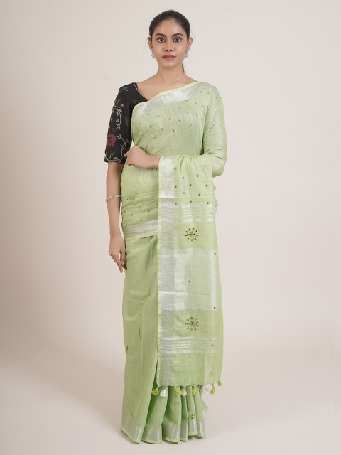 Pothys Green & White Floral Mirror Work Linen Blend Saree