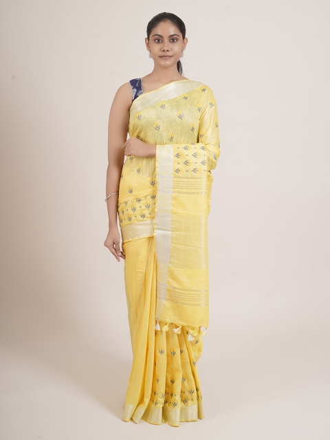 Pothys Yellow & Grey Linen Blend Saree