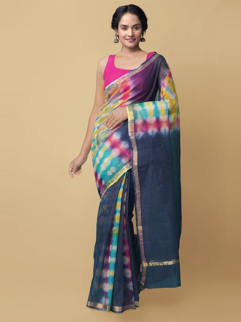 Unnati Silks Blue & Yellow Tie and Dye Zari Pure Cotton Kota Saree