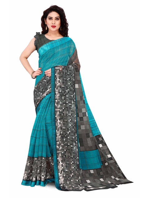 KALINI Turquoise Blue & Grey Checked Saree