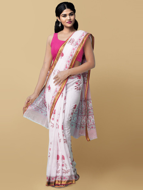 Unnati Silks White & Pink Ethnic Motifs Pure Cotton Block Printed Saree
Unnati Silks White & Pink Ethnic Motifs Pure Cotton Block Printed Saree