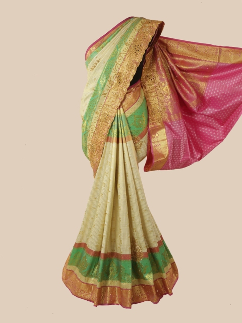 Pothys Cream-Coloured & Green Embellished Beads and Stones Pure Silk Heavy Work Kanjeevaram Saree
Pothys Cream-Coloured & Green Embellished Beads and Stones Pure Silk Heavy Work Kanjeevaram Saree