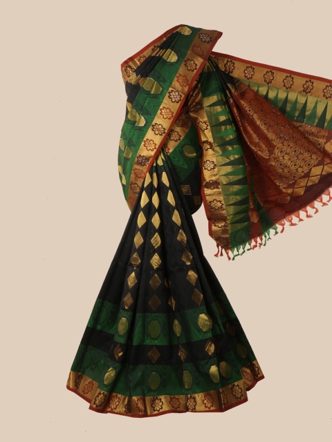 Pothys Black & Green Woven Design Zari Pure Silk Kanjeevaram Saree