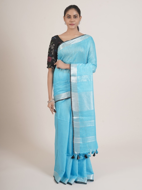 Pothys Blue & Silver-Toned Zari Linen Blend Saree