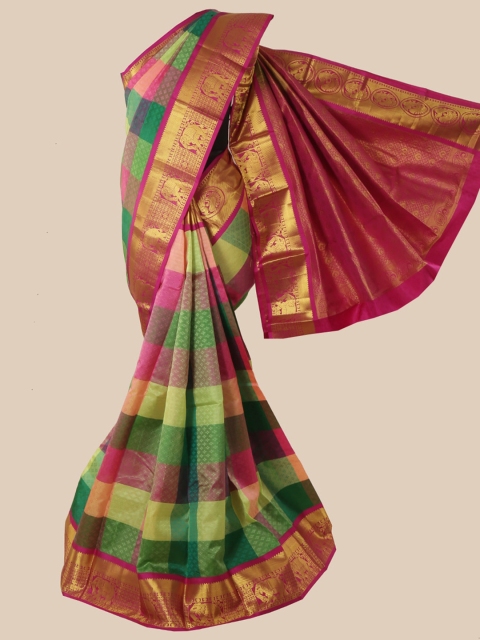 Pothys Green & Pink Checked Zari Pure Silk Kanjeevaram Saree