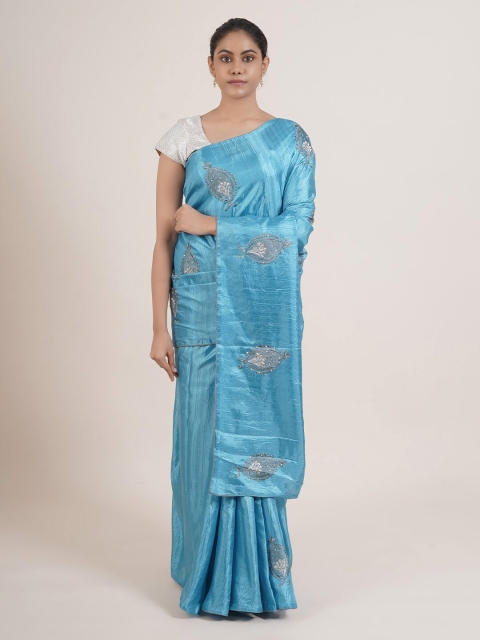 Pothys Blue & Grey Embroidered & Stone Work Silk Blend Saree