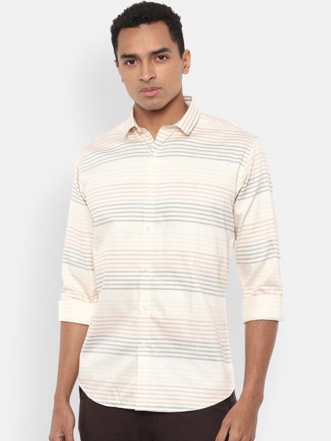 V Dot Men Cream-Coloured Slim Fit Horizontal Stripes Striped Casual Shirt