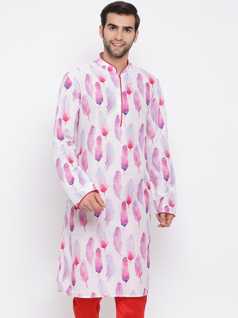 VASTRAMAY Men Pink & White Abstract Printed Straight Kurta