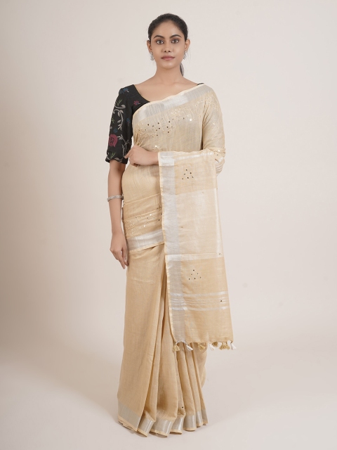 Pothys Tan & Silver-Toned Embellished Mirror Work Linen Blend Saree