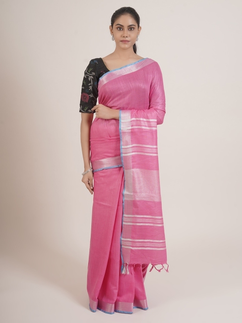 Pothys Pink & Blue Linen Blend Saree