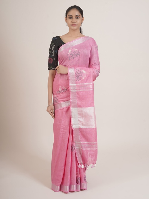 Pothys Pink & Silver-Toned Floral Zari Linen Blend Saree