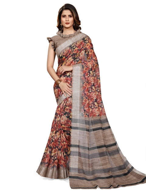 KALINI Black & Red Floral Printed Saree
