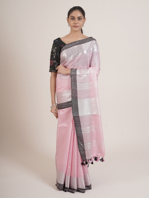 Pothys Pink & Black Zari Linen Blend Saree