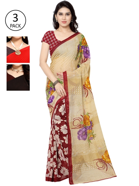 KALINI Pack Of 3 Printed Poly Georgette Sarees, Red