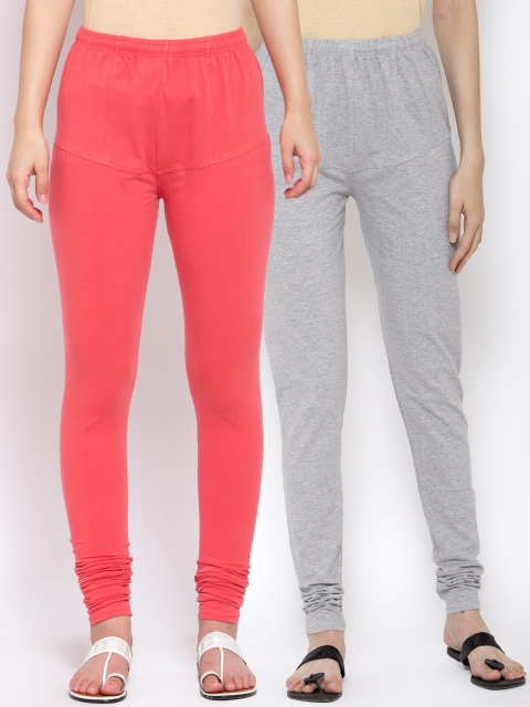KLOTTHE Women Pack of 2 Solid Cotton Churidar Length Leggings, Peach