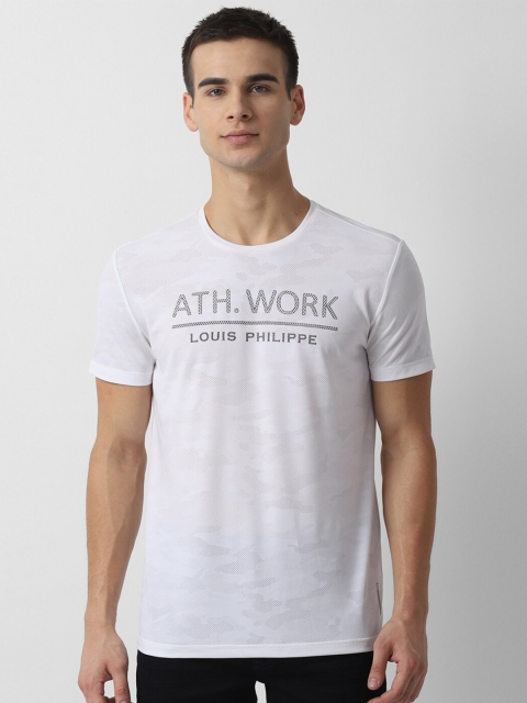 Louis Philippe Sport Men White Typography Printed Raw Edge Slim Fit T-shirt