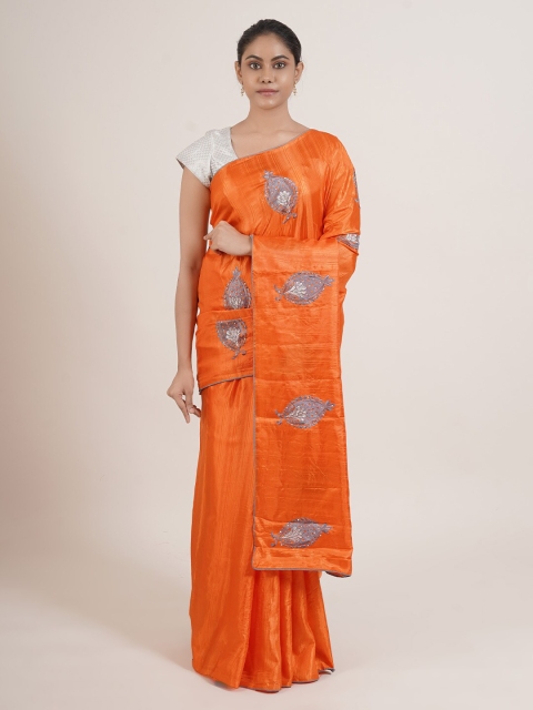 Pothys Orange & Grey Embellished Saree