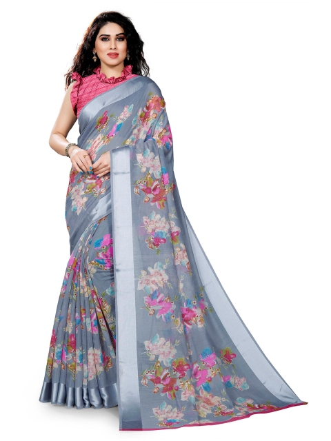 KALINI Grey & Pink Floral Printed Saree