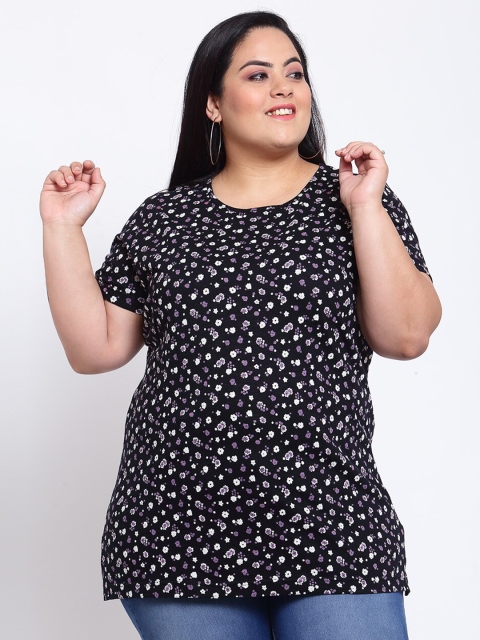 plusS Women Black & Purple Floral Printed T-shirt