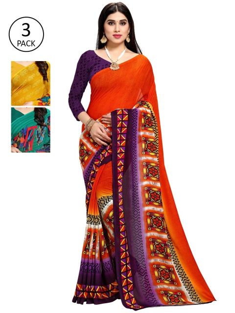 KALINI Pack Of 3 Multicoloured Printed Sarees, Orange