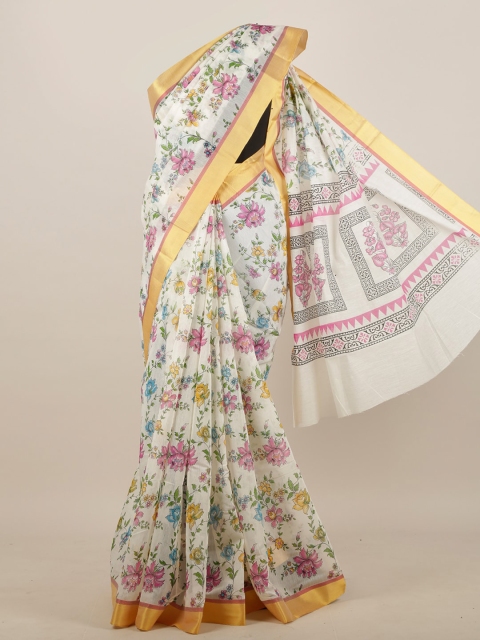 Pothys Off White & Pink Floral Printed Cotton Blend Saree