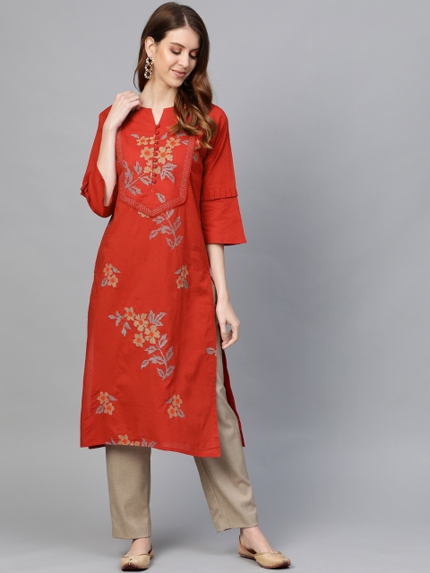 Anubhutee Women Coral Floral Embroidered Kurta