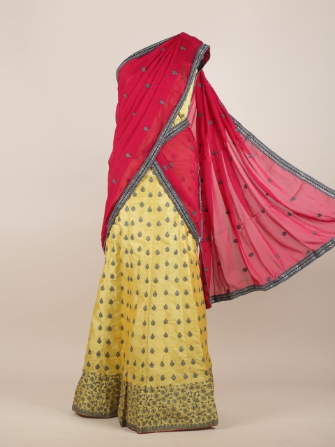 Pothys Magenta & Yellow Ethnic Motifs Beads and Stones Half Saree