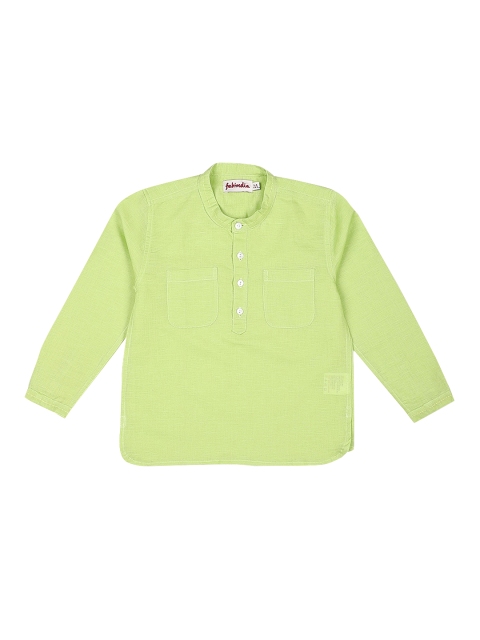 Fabindia Boys Lime Green Solid Linen Cotton Kurta