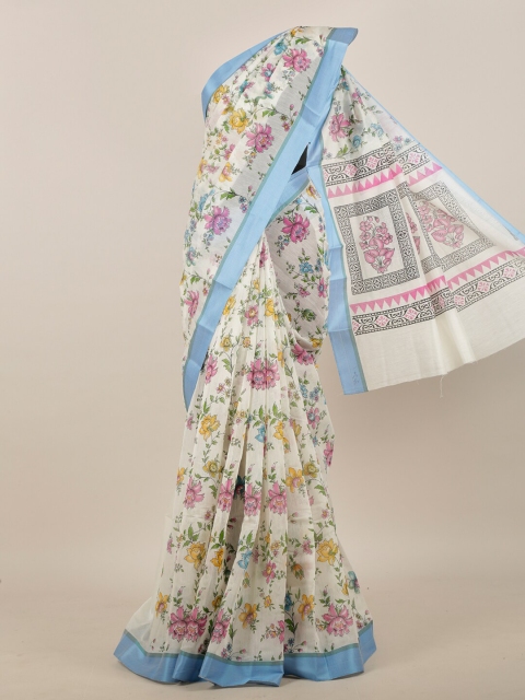 Pothys White & Pink Floral Printed Saree