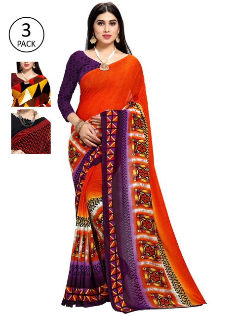 KALINI Pack Of 3 Printed Saree, Orange