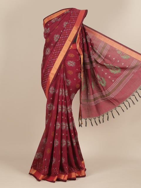 Pothys Maroon & Green Ethnic Motifs Pure Cotton Saree